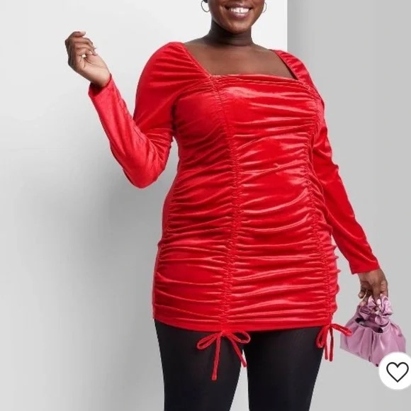 Red Velvet Ruched Bodycon Mini Dress Wild Fable Square Neckline Adjustable Ties - Picture 9 of 11